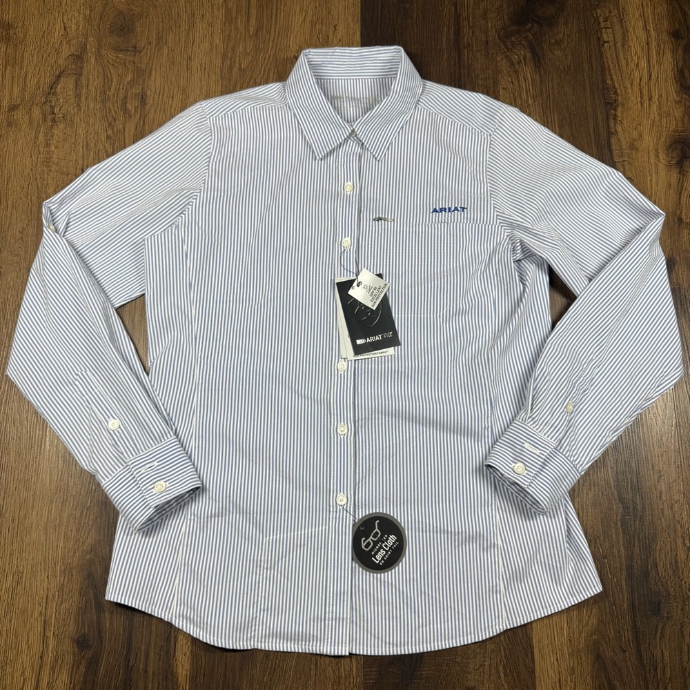 ARIAT Tek Women's Button Down Long Sleeve Shirt Size Small White Blue Striped